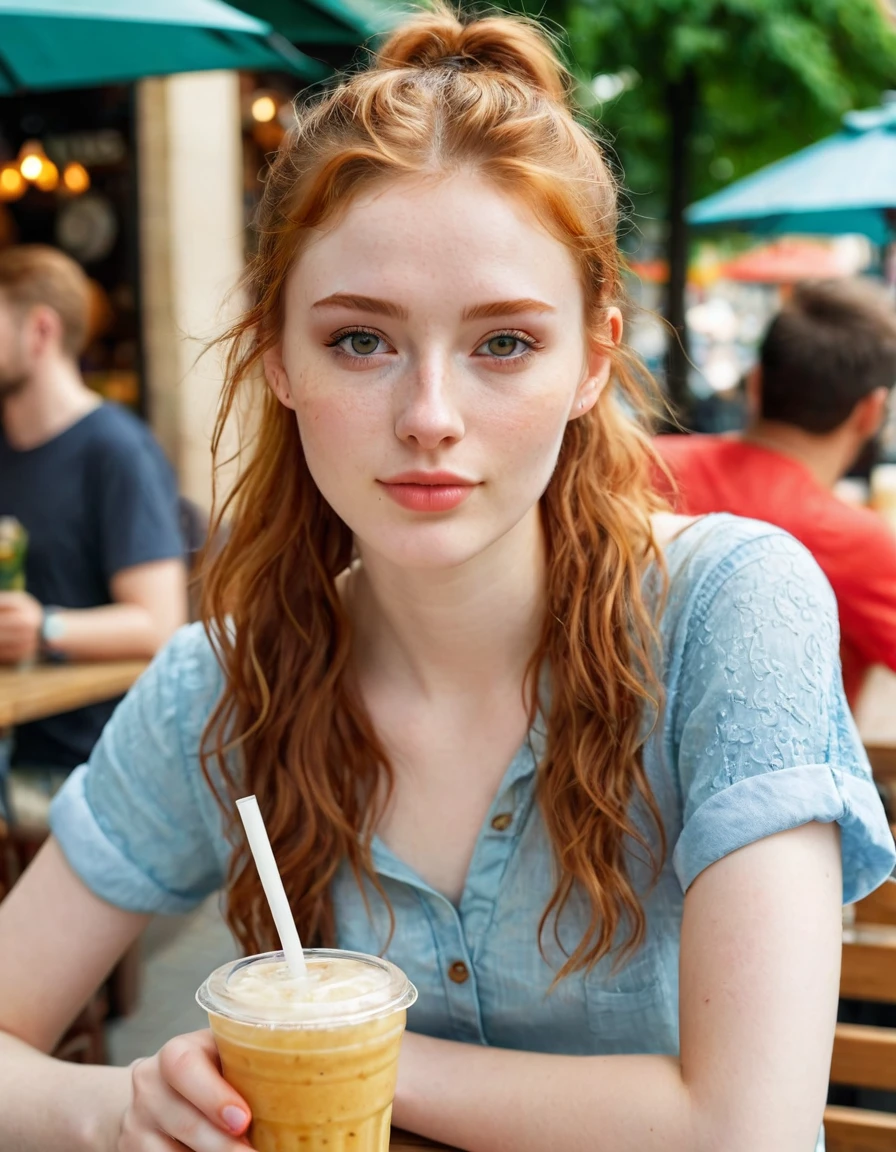 photography full body portrait of very beautiful realistic girl, 15-years-old, sit in outdoor cafe, eating street food, porcelain skin, very fair skin, very pale skin, redhead, wavy, ponytail, detail skin texture, hazel eyes, slanted eyes, small nose, small nostril, think curved eyebrow, thick bottom lip, seductive gaze, happy face, unique face, wear casual dress, detail photo, realistic photo, master piece picture, sharp picture, outdoor clear daylight