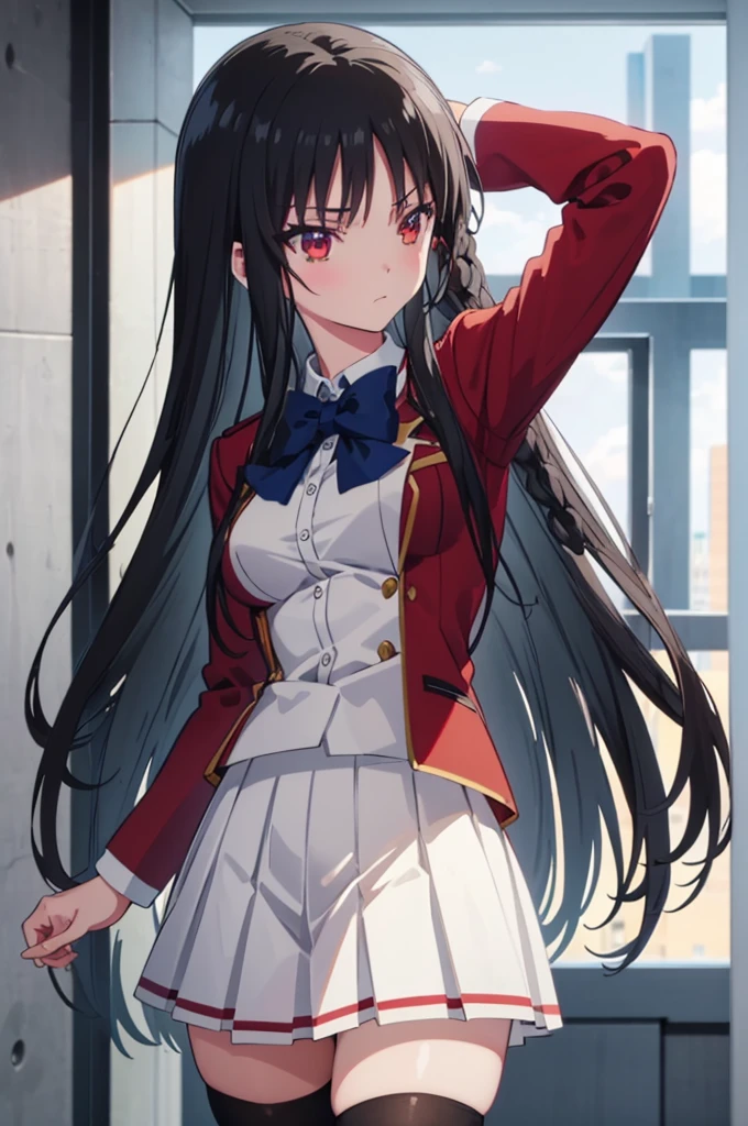masterpiece, best quality, high resolution, best illustration, super fine illustration, (official art:0.8), anime screencap, detailed beautiful face and eyes, anime keyvisual, (perfect anatomy:1.1), 8k portrait,
1girl,
Suzune Horikita,
long hair, braid,
black hair,
(red eyes:1.2), slant eyes, small eyes,
blue bow,
medium breasts,
(school uniform, red jacket, white skirt, pleated skirt, black thighhighs),
looking at viewer,
cowboy shot,
natural light, background of indoor, School building, seductive pose, skirt lift, show panties,
