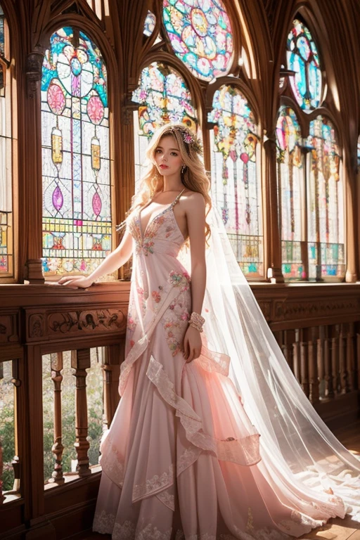 highest quality、8K、Perfect Face、Perfect Style、perfect body、Sunburn、beautiful lady、mature、long curly layer hair、Swept-back hair、full body, sexy 、charming、healthy、
Generate a magical and enchanting image of a beautiful woman with long, flowing blonde hair, intricately braided and adorned with colorful flowers. She is standing in a grand room with large stained glass windows that let in a soft, diffused light. The woman is wearing a luxurious, floor-length dress in shades of pink and purple, embellished with an abundance of vibrant flowers. The background features lush floral arrangements climbing up the walls, creating a fairytale-like atmosphere. The overall mood should be whimsical and dreamy, capturing the essence of a fantasy princess in her floral kingdom.