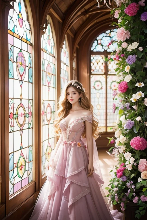 highest quality、8K、Perfect Face、Perfect Style、perfect body、Sunburn、beautiful lady、mature、long curly layer hair、Swept-back hair、full body, sexy 、charming、healthy、
Generate a magical and enchanting image of a beautiful woman with long, flowing blonde hair, intricately braided and adorned with colorful flowers. She is standing in a grand room with large stained glass windows that let in a soft, diffused light. The woman is wearing a luxurious, floor-length dress in shades of pink and purple, embellished with an abundance of vibrant flowers. The background features lush floral arrangements climbing up the walls, creating a fairytale-like atmosphere. The overall mood should be whimsical and dreamy, capturing the essence of a fantasy princess in her floral kingdom.