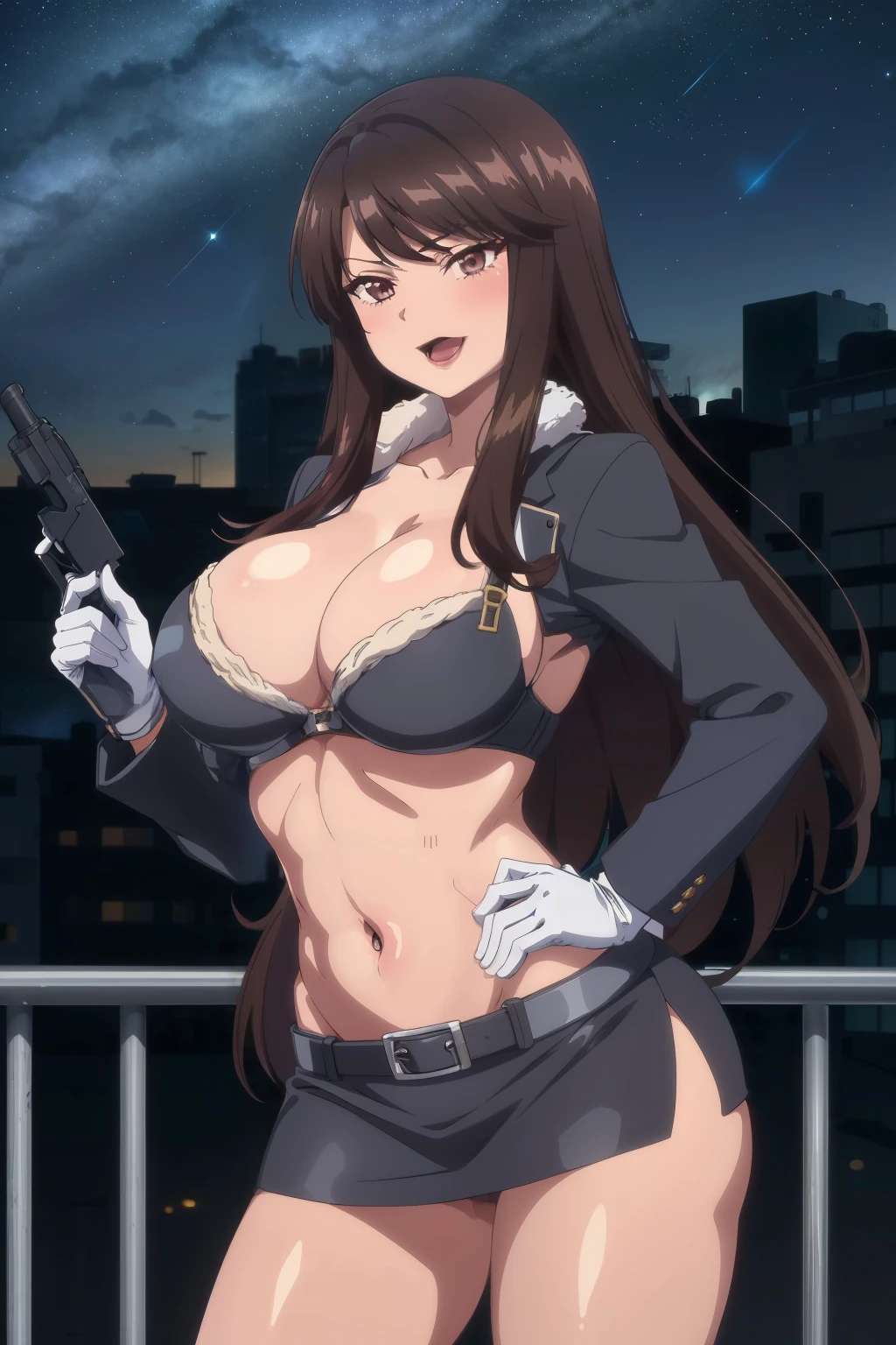 1girl,solo,lips,long hair,brown hair,brown eyes,bangs,mature female,
blush, lipstick, fur trim, mature female, gloves, fur-trimmed coat, outdoors, rooftop, cityscape, building, railing, night sky, scenery, city lights,masterpiece, best quality, highly detailed, a girls with a gun, open mouth, blazer, sexy gaze, (nsfw) not
safe for work, badass pose , evil smile, smile, black bra, anime girl with long hair, long haired girl,
navel, evil expression, exposed belly, exposed navel, exposed midriff, exposed lower belly, micro
miniskirt, micro pencil skirt, pencil skirt ,holding a gun, navel piercing