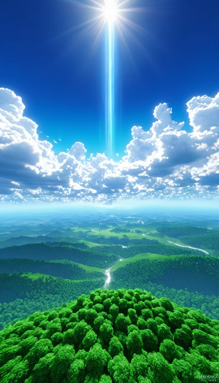 Images with the sky in the center:1.5、Summer sky,Realistic,Very realistic,Extreme Detail,Breathtakingly realistic,High contrast realism,High Saturation Realism,Vibrant colors,Dramatic lighting,Fascinating landscape,Persuasive storytelling,Atmospheric scenery,Captivating visuals,Intricate details,Strong emotions,Heavenly Beauty,A dreamlike world、((Visible faintly in the distance:1.5),Countless pillars of light pouring down from the sky)、scattered clouds