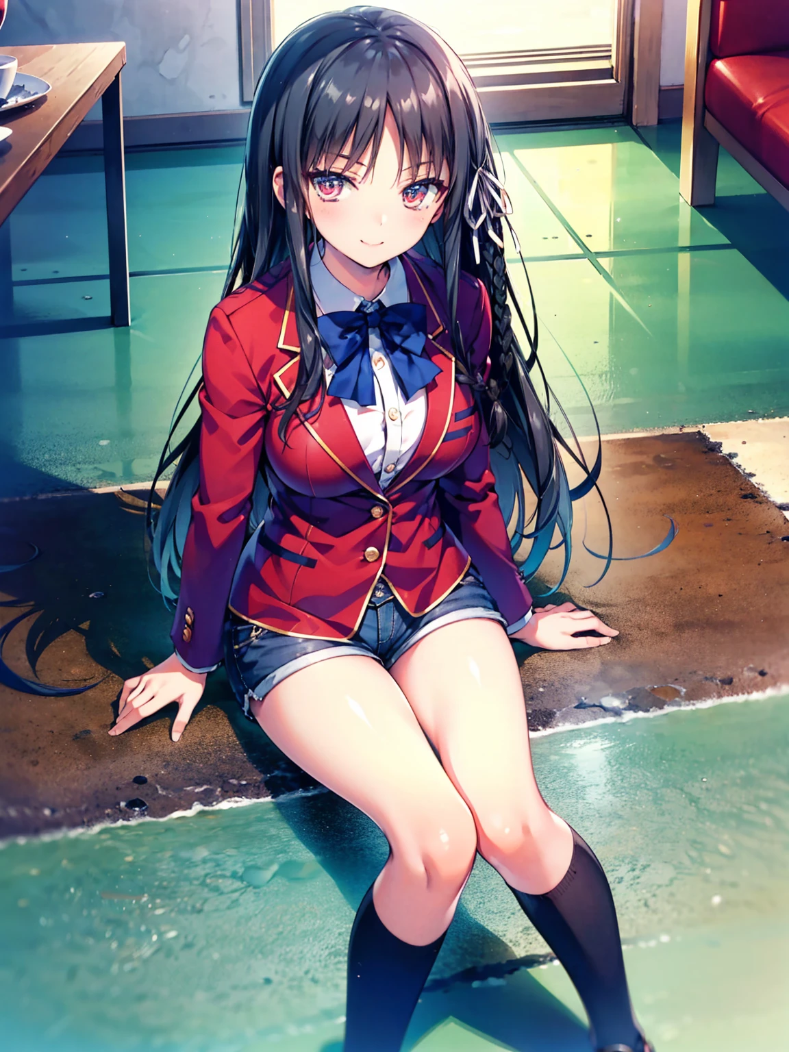 (8K, Highest quality, Highest quality, masterpiece), sit on the floor, aasuzune, long hair, black hair, (single braid:1.2), hair ribbon, red jacket, blazer, blue bowtie, long sleeves, black thighhighs, smile, denim hot shorts, mini shorts, ???????????