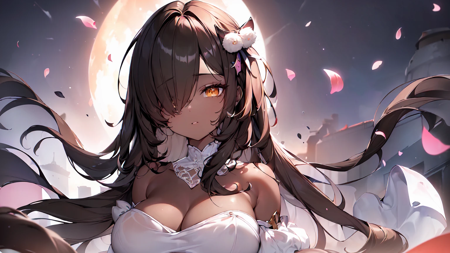 ((((Obra maestra, La mejor calidad, ultrahigh resolution)))), 1girl, standing,), ((long pure brown hair, hair over eye)), long hair cut, shiny skin, ((golden eyes)), glowing_eyes, neon eyes, (ultra detailed eyes:0.7, beautiful and detailed face, detailed eyes:0.9), ((centered)), smirk, facing viewer, ((vibrant background, dark lighting, summer, sunlight)), large chested, looking at viewer, ((half closed eyes)), ((perfect hands)), (((head:1, arms, hips in view, elbows, in view))), ((hands behind back)), empty eyes, beautiful lighting, ((outside, outdoors)), defined subject, head tilt, (((gritty)), ((creepy)), ((cool)), ((beautiful)), (((SFW))), hair ornament, petals in the air, moon in the sky, city, mature woman, adult woman, sfw, pink and white dress, night dress, she is a princess, gal, dark skin