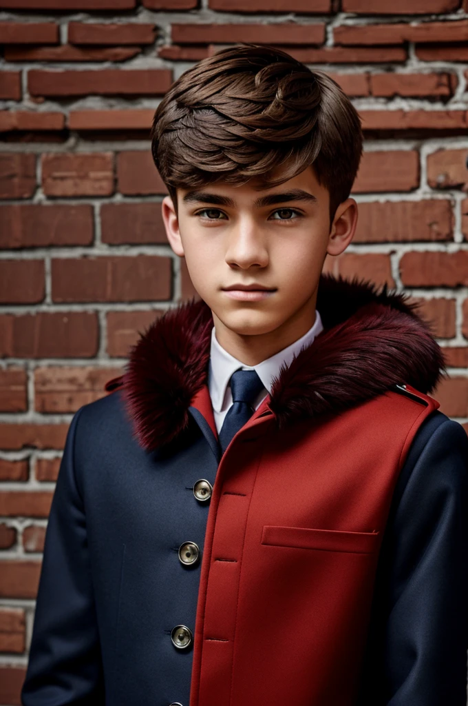 An anthropomorphic teenage boy of about 16 years old with brick red fur, wearing an elegant navy blue uniform 
