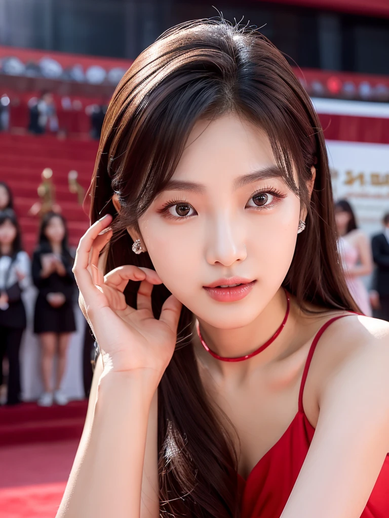 Kwon Eun-bi is a young Korean woman in her 28s. Her hair is short at shoulder in a red colors.
Her face is slightly shorter than it is long, which carry a warm , expressive face. Her skin is radiant and clear, presenting an impeccable state of health and her curved lips.
Large, brown eyes are expressive and captivating.
Her height is medium, her natural body and defined made up of proportional curves. with the most charming and provocative. It matches their personalities.
She is at red carpet Ceremony wearing a Black spaghetti strap dress that highlight her beauty, elegance and curves.