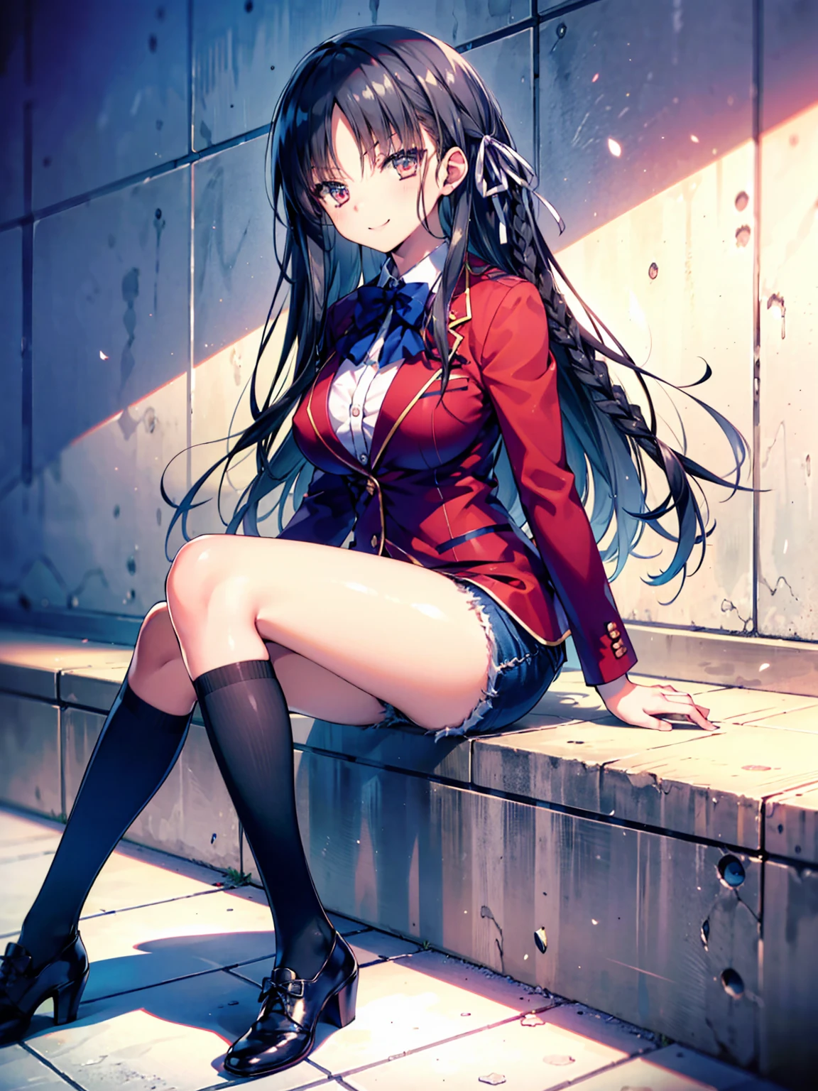 (8K, Highest quality, Highest quality, masterpiece), sit on the floor, aasuzune, long hair, black hair, (single braid:1.2), hair ribbon, red jacket, blazer, blue bowtie, long sleeves, black thighhighs, smile, denim hot shorts, mini shorts, big breasts