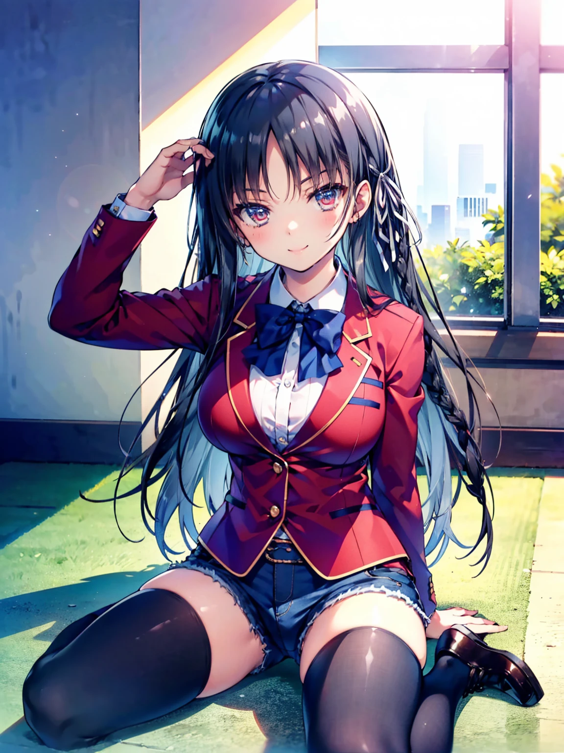 (8K, Highest quality, Highest quality, masterpiece), sit on the floor, aasuzune, long hair, black hair, (single braid:1.2), hair ribbon, red jacket, blazer, blue bowtie, long sleeves, black thighhighs, smile, denim hot shorts, mini shorts, big breasts