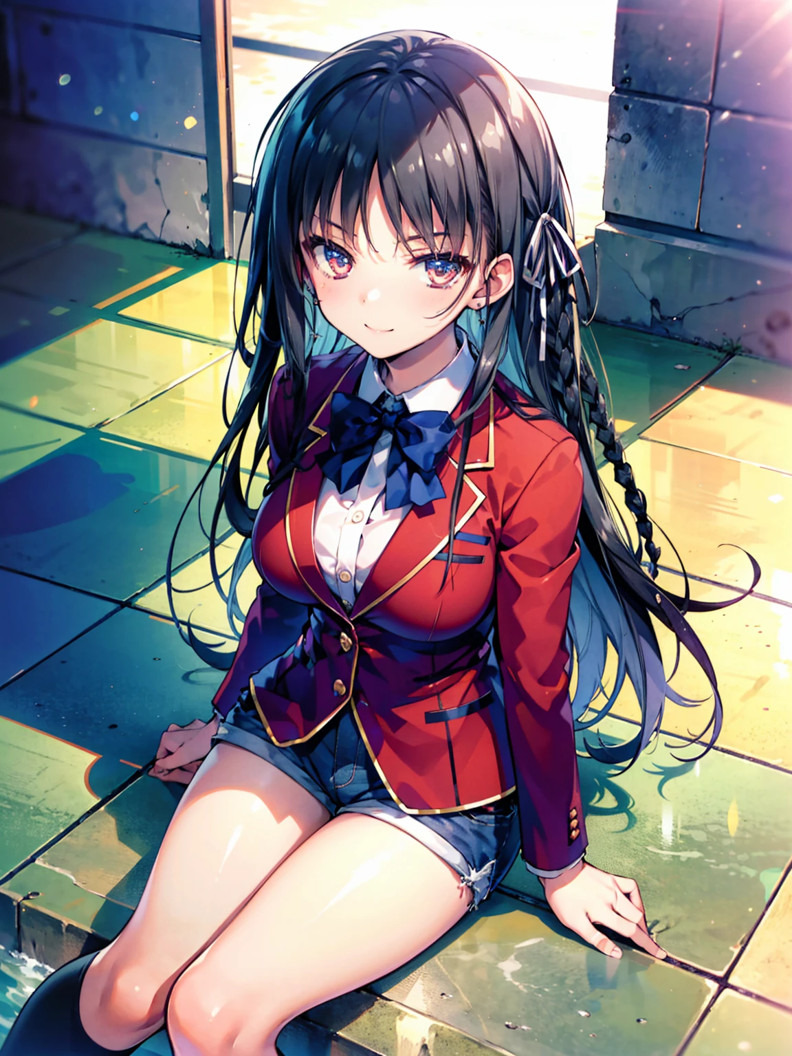 (8K, Highest quality, Highest quality, masterpiece), sit on the floor, aasuzune, long hair, black hair, (single braid:1.2), hair ribbon, red jacket, blazer, blue bowtie, long sleeves, black thighhighs, smile, denim hot shorts, mini shorts, big breasts