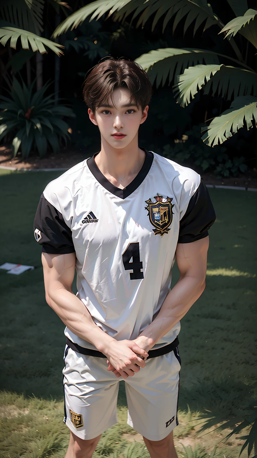 masterpiece,best quality,Front view，Stay away from the camera， (An 18-year-old tall boy:1.2), (Standing upright on the campus lawn:1.2),（Football Jersey）,Broad shoulders,Muscular shoulders，（Extremely strong body），Muscular body，Attractive and fit body，Inverted triangle figure，Biceps，Highlight muscle texture， Muscular body，Small head，Handsome and cute face，V-Shaped Face，Perfectly detailed facial features,Looking at the camera，Innocent expression，leaning back,head tilt, happy, very short hair, brown hair,(looking at viewer:1.2)，Vision