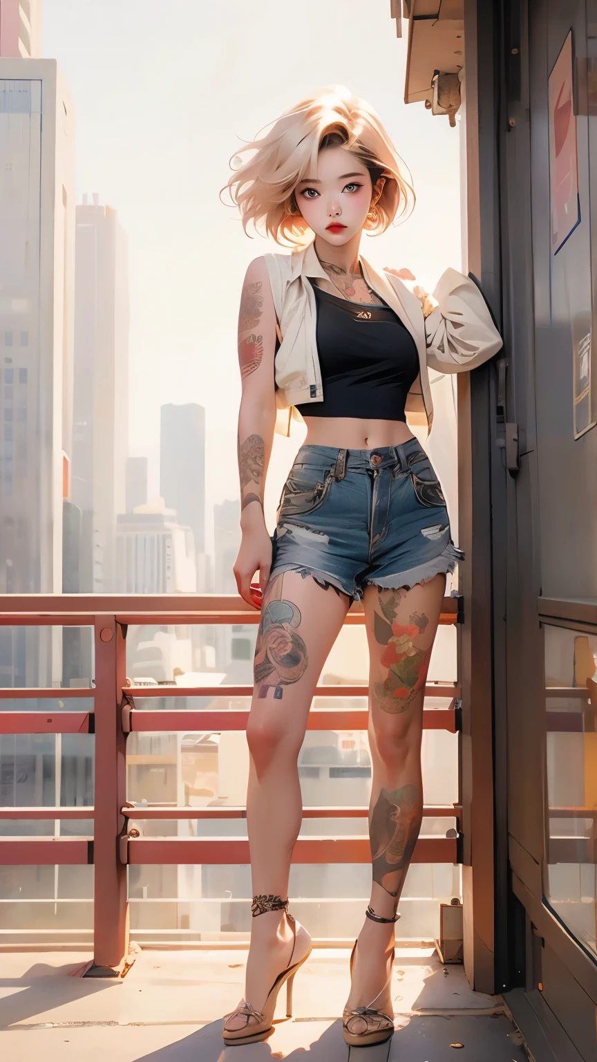 Android 18，Colorful gradient short hair half covering the face，Printed vest，Fashion长裙，Fashion，Big breasts：1.4，City background，Full body tattoo，Beautiful tattoos：1.4