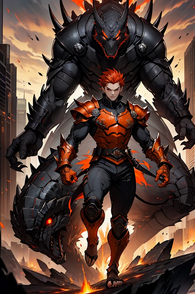 A male with red hair and his Kaiju form in his back, Masterpiece, Best quality, 8K, Detailed skin texture, obsidian-like plates that overlap like armor reptilian head, obsidian spikes running from the forehead to the back of the neck. Four glowing amber eyes, arms with massive claws and blades, feet have three large, taloned toes, A long, whip-like tail ending in a mace-like cluster of obsidian spike, orange lines and aura in between armor. HD. city background destroyed. ultra HD, masterpiece, 4k, 8k