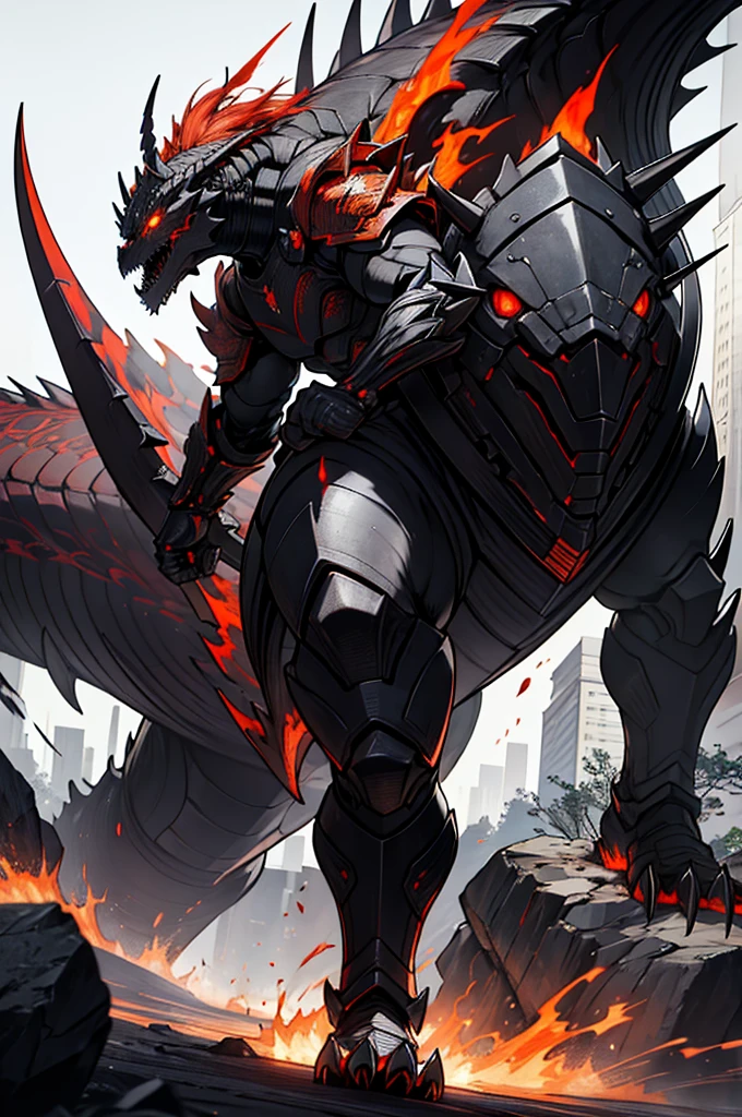 there is a man in armor with a dragon on his back, Godzilla vs Mechagodzilla, dragon cyborg, Mechagodzilla, cyborg dragon portrait, Wojtek FUS, estilo guyver, arte oficial altamente detalhada, mecha anime gigante, male robotic anthro dragon, robot mecha female dragon head, kaiju batalha, Deus grego no estilo mecha