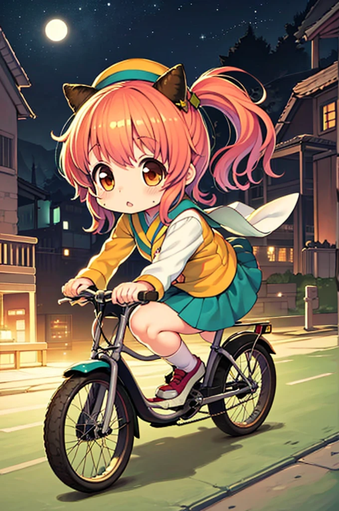 Anime girl riding a bicycle in the moonlight with a full moon in the background, anime moe art style, Mikudayo, Chibi Anime Girl, Chibi Girl, anime chibi, watercolor Nendoroid, Cute anime girl, (Anime Girl), Chibi Art, Cute art style, Anime visuals of cute girls, Chibi Anime, pixiv, Cute Anime, Starry sky!!