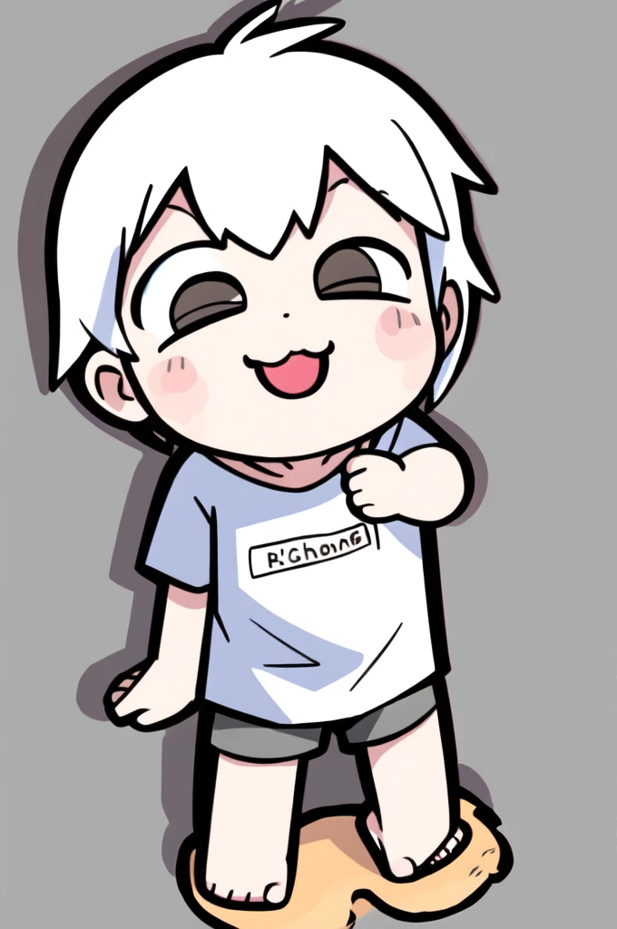 Dog Man，Black and white hair ，male，Q version，（Toddler，baby）， cute， stand up， Masterpiece， high resolution，8K，（（（solo））），(T-Shirt，barefoot：0.6)，Looking at the audience，Viewing angle，from above，（Warm light source：1.2），Happy expression，shorts