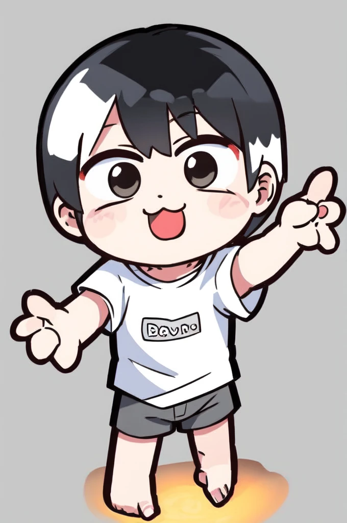 Dog Man，Black and white hair ，male，Q version，（Toddler，baby）， cute， stand up， Masterpiece， high resolution，8K，（（（solo））），(T-Shirt，barefoot：0.6)，Looking at the audience，Viewing angle，from above，（Warm light source：1.2），Happy expression，shorts