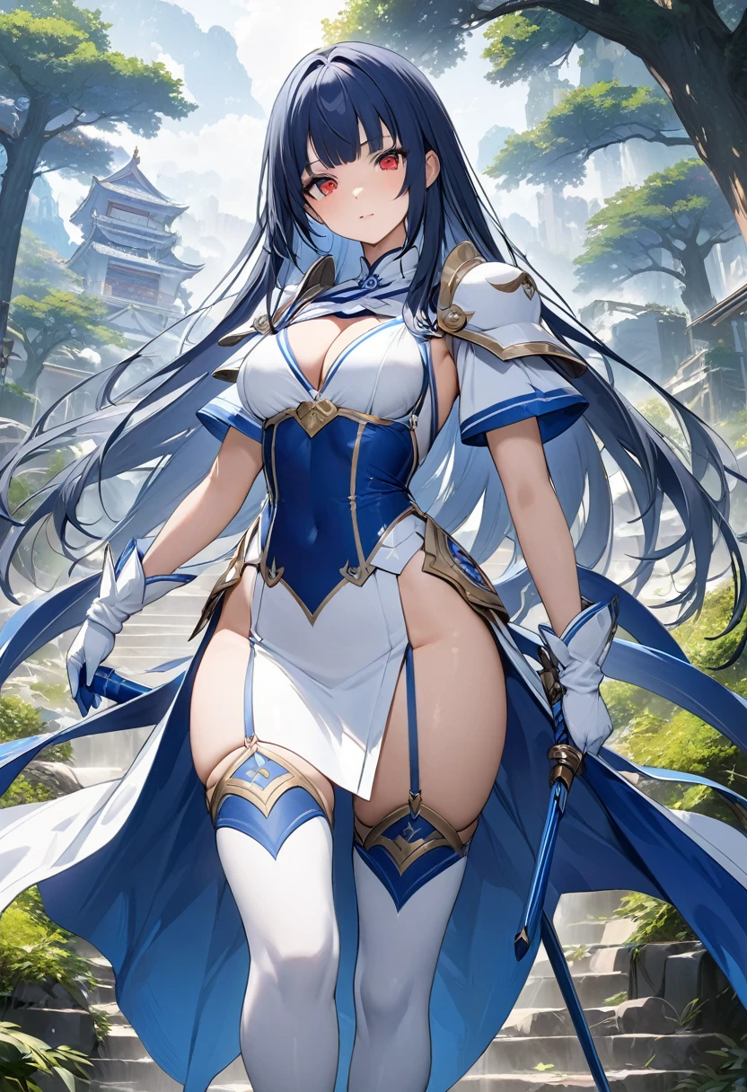 Highest quality、unity 8k wallpaper、32k、masterpiece、Very detailed、Ultra-high resolution、Very detailedな顔, RAW Photos, Professional, Ultra-fine painting,　Blue long straight hair、Red Eyes、(Tree Eyes), Cool and sharp features, Hime cut, 20～A female magical warrior, about 24 years old.、Blue and white leotard、Blue and white pencil skirt with long slit and flap、Half puff sleeves with shoulder pads、A large white ribbon with a large sapphire on the chest、White and blue long gloves、White and blue thigh-high stiletto boots、whole body