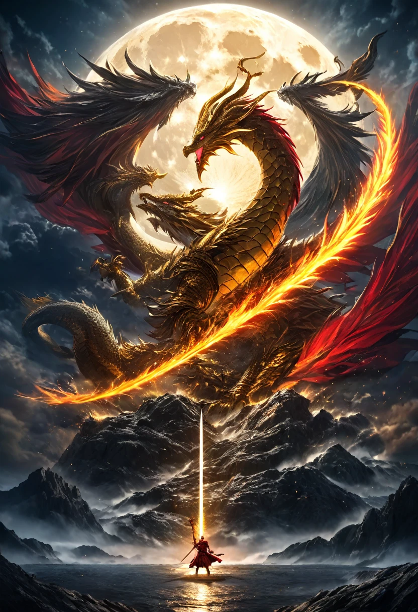 a warrior holding a blazing red sword, a golden dragon flying up in the background, a big moon behind the dragon, detailed warrior, detailed dragon, detailed sword, detailed moon, cinematic lighting, dramatic lighting, epic fantasy, dark fantasy, vibrant colors, highly detailed, 8k, ultra-detailed, masterpiece, photorealistic