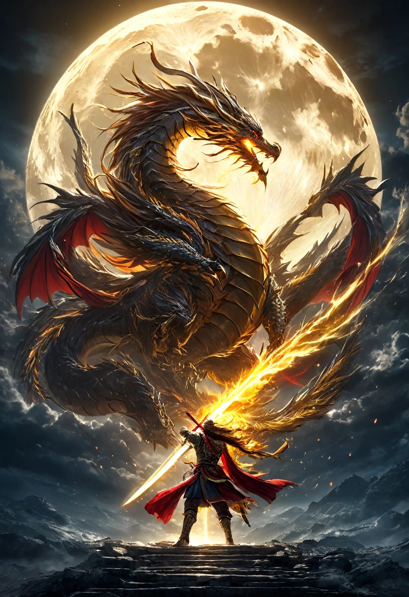 a warrior holding a blazing red sword, a golden dragon flying up in the background, a big moon behind the dragon, detailed warrior, detailed dragon, detailed sword, detailed moon, cinematic lighting, dramatic lighting, epic fantasy, dark fantasy, vibrant colors, highly detailed, 8k, ultra-detailed, masterpiece, photorealistic