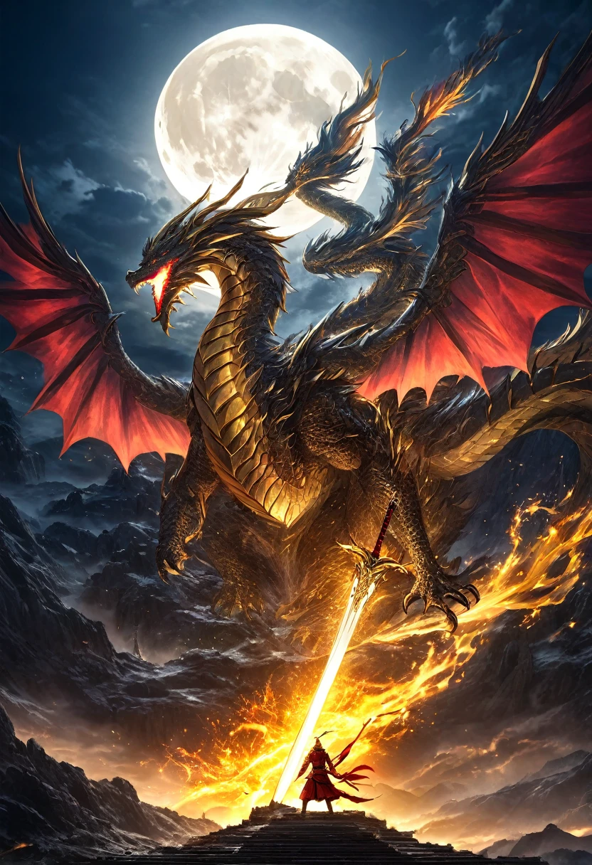 a warrior holding a blazing red sword, a golden dragon flying up in the background, a big moon behind the dragon, detailed warrior, detailed dragon, detailed sword, detailed moon, cinematic lighting, dramatic lighting, epic fantasy, dark fantasy, vibrant colors, highly detailed, 8k, ultra-detailed, masterpiece, photorealistic