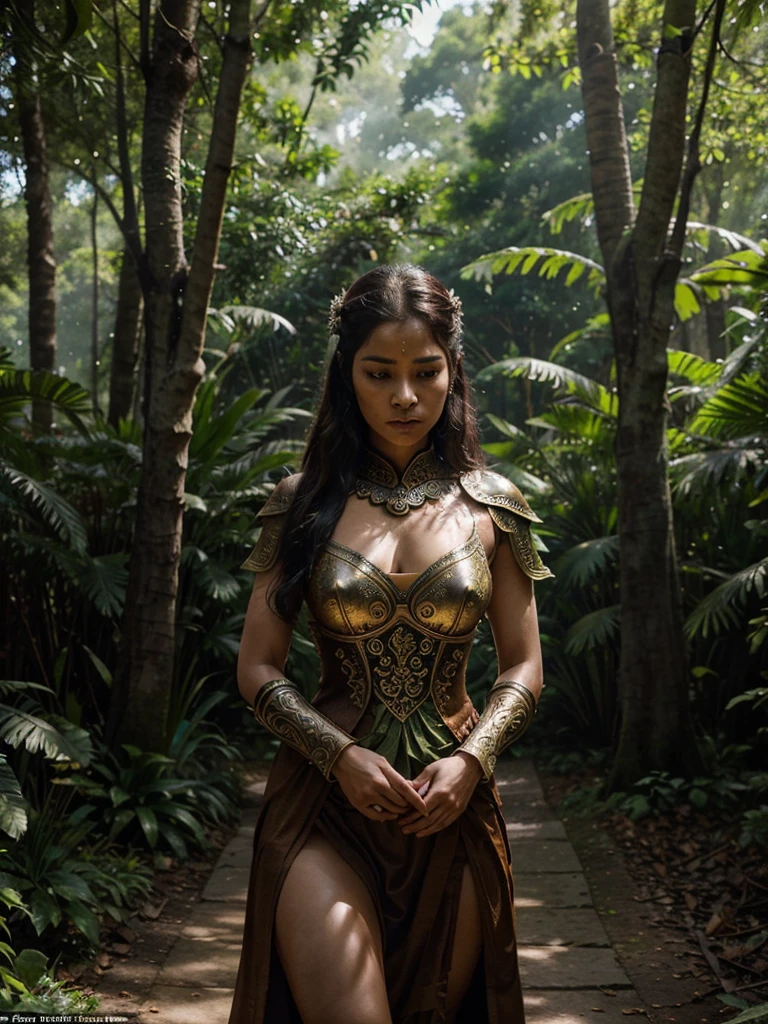 In this captivating cinematic scene, set in a dark yet expansive forest, a beautiful Indonesian female warrior, adorned in intricate Game of Thrones-like armor, is seen meditating with a serene and poised expression. The warrior's connection to the natural world is emphasized by the majestic tiger that walks calmly behind her. The towering trees, with their large frond-like leaves rustling gently, create an atmosphere of mystique and detail. The ornate detail of each element contributes to a stunning and immersive visual experience that transports the viewer into this enchanting world., cinematic