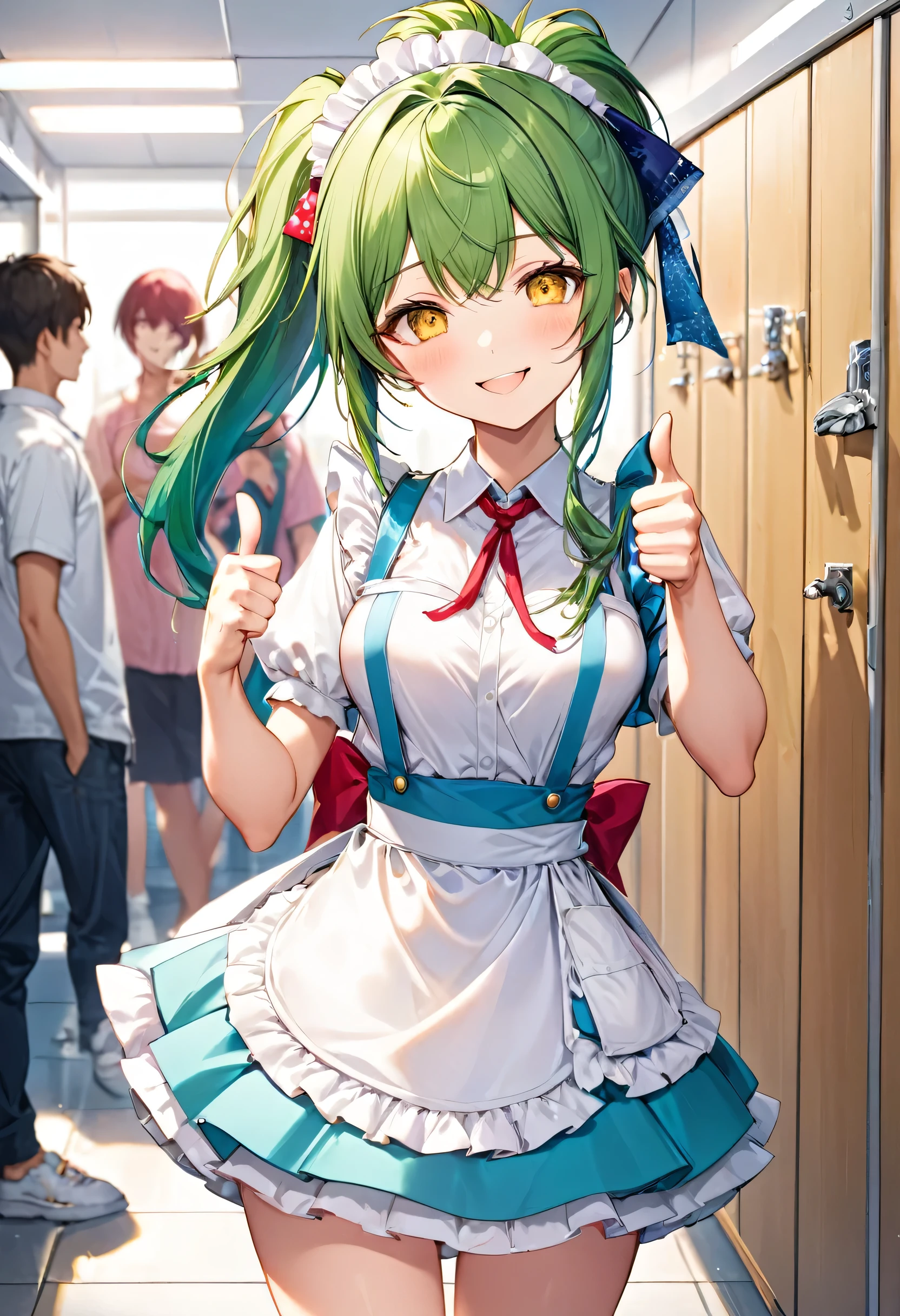(japanese festival style) (15 yo, ponytail green hair long hair cute fighter girl, ??????? yellow eyes, love smile, medium tits), (in a summer maid clothes), (standing, Thumbs up hand), break, (in the festival Changing Room), BREAK, perfect ???????, masterpiece, best quality, 16k, beautiful detailed grow, daydreaming expression.
