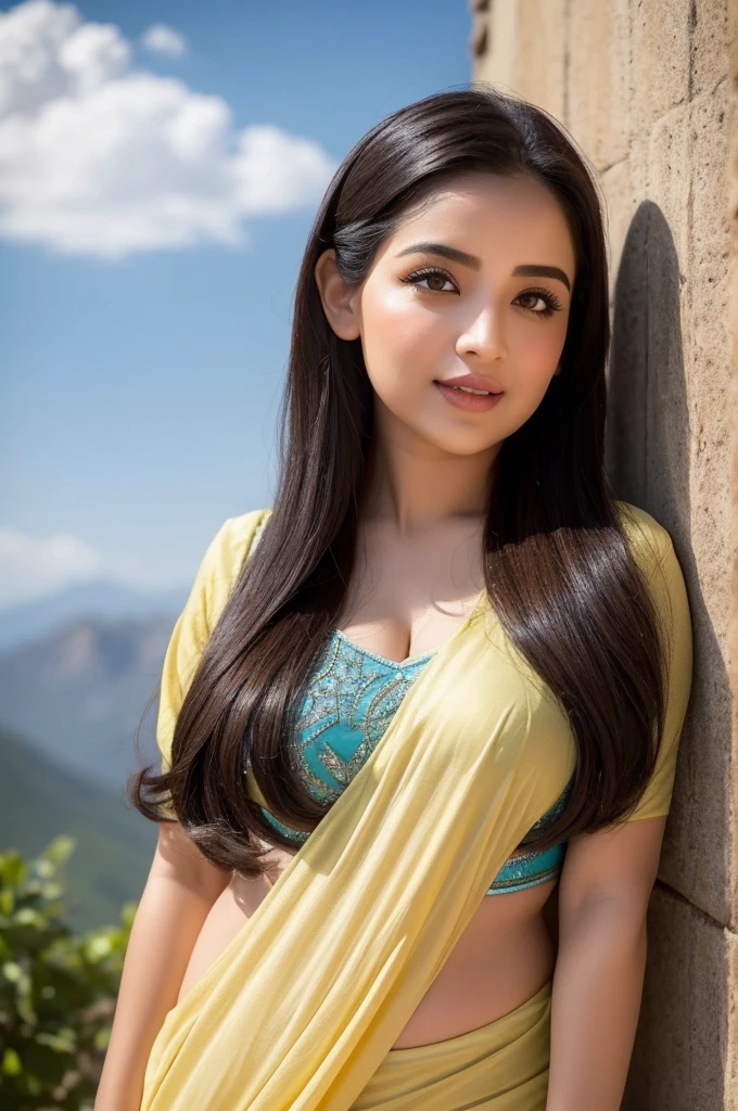 1 Heavenly beautiful and goddess beauty cute and sweet looking face Arabian woman in front of Vinicunca mountain, Heavenly beautiful Overweight, Heavenly beautiful Extremely fat, Heavenly beautiful and attractive Chubby figure , Heavenly beautiful looking and eye catching luxury style tight fitting elegant saree, reaching out, Heavenly beautiful Arabian woman, 16k, High resolution, masterpiece, highest quality, fine skin, Realistic Photograph