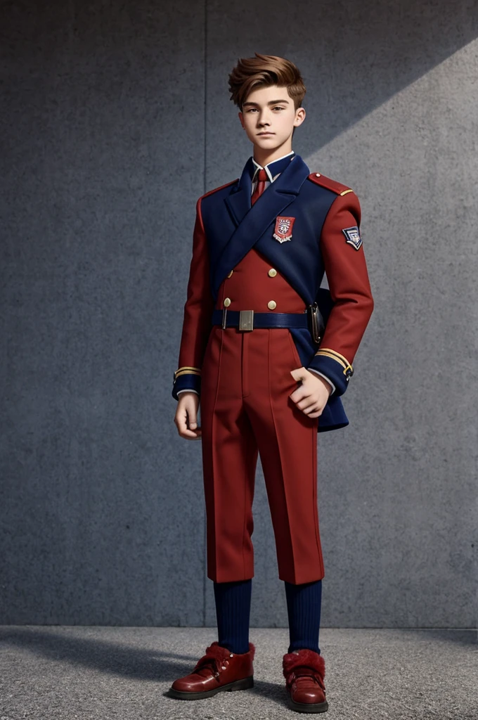 A furry teenage boy about 16 years old with brick red fur, wearing a stylish navy blue uniform in cartoon style 