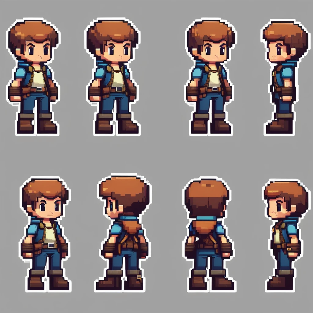 Pixel art,pixel art,Create an original character design sheet,main character of the game,boy,juvenile,adventurer's outfit,natural perm,musical instrument,bard,((3 views,whole body, background,multiple views,High resolution)),multiple views,multiple poses,Active,action pose,dynamic,nice,cute,masterpiece,highest quality,In detail,Gracefully,RPG,Famicom,Multiple characters,multiple outfits,Final Fantasy,boldly,ASSASIN , BLACK COAT , HUNTER, BLACK HOODIE, BLACK ARMOR