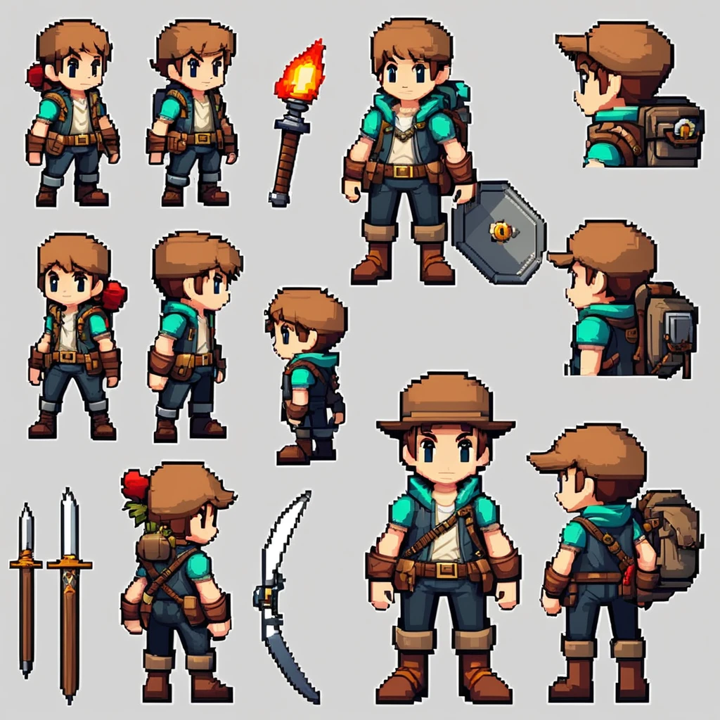 Pixel art,pixel art,Create an original character design sheet,main character of the game,boy,juvenile,adventurer&#39;s outfit,natural perm,musical instrument,bard,((3 views,whole body, background,multiple views,High resolution)),multiple views,multiple poses,Active,action pose,dynamic,nice,cute,masterpiece,highest quality,In detail,Gracefully,RPG,Famicom,Multiple characters,multiple outfits,Final Fantasy,boldly,ASSASIN , BLACK COAT , HUNTER, BLACK HOODIE, BLACK ARMOR