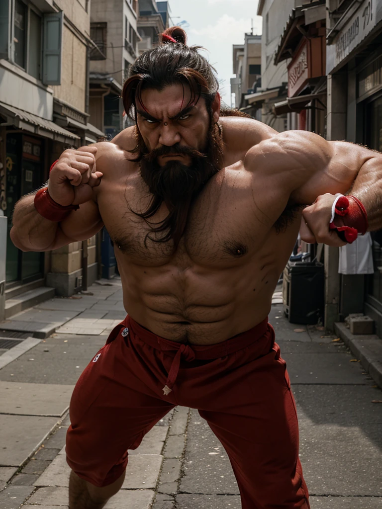 Street fighter ryu, frontal view, bushy eye brows, full body, red sash, beard, angry looking,
