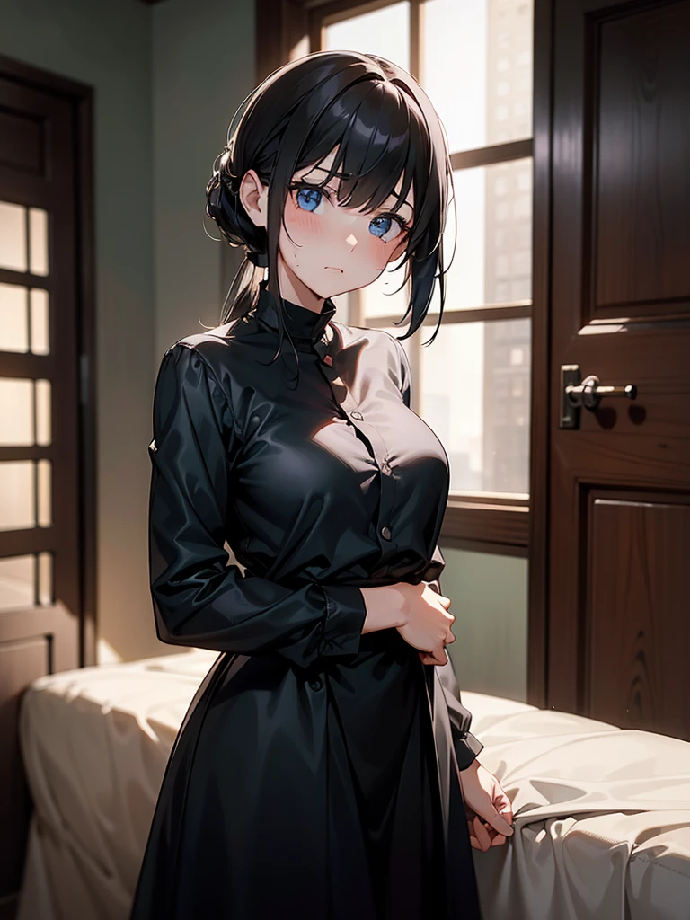 (​masterpiece、top-quality、hight resolution、Unity 8k Wallpaper、extremely details CG:1), From the perspective of the man who saved her life, he stands in a dimly lit, intimate room, looking at the woman before him. She is dressed in slightly torn and dirtied clothes, showing signs of a recent struggle. Her expression is one of resignation and determination as she acknowledges the debt she owes him. Despite the tension in the air, there is a sense of gratitude in her eyes. She reluctantly offers herself to him, ready to repay him however he wishes. The man observes her with a complex mix of emotions, feeling both the weight of her gratitude and the awkwardness of the situation. The room is simple and shadowy, highlighting the serious and charged atmosphere of the moment.