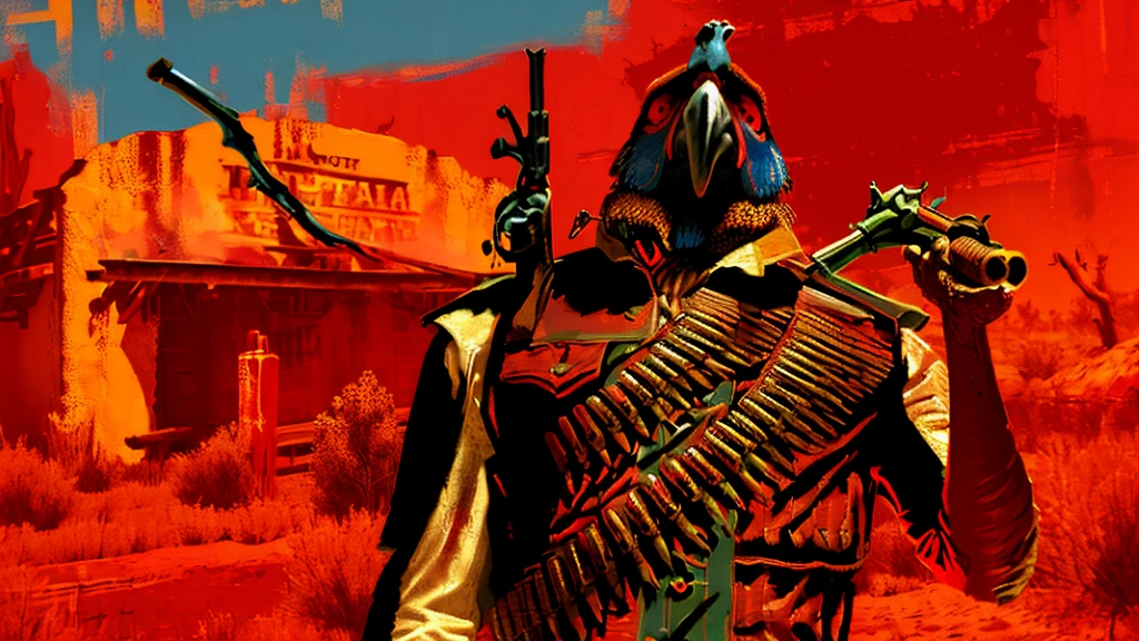 a highly detailed digital portrait of a parrot holding a rifle in the wild west of america, red background, everything is shattering, hyperrealistic, octane render, photorealistic, 8k, intricate details, dramatic lighting, cinematic composition, weathered, dystopian, grungy, moody, intense colors, vivid, masterpiece