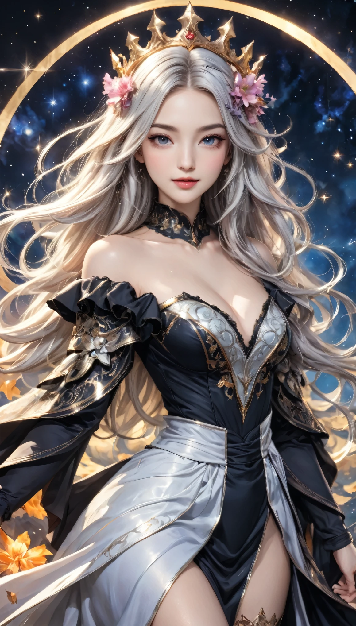 8K resolution, masterpiece, Highest quality, Award-winning works, unrealistic, From above, erotic, sole sexy lady, healthy shaped body, 22 years old, black mage, 165cm tall, huge firm bouncing busts,, white silver long wavy hair, Detailed facial depictions, Break, Mysterious blue eyes, Standard nose, Eyeliner, pink lips, sexy long legs, Clear skin, holy knight, Gothic ruffle long dress, A dress with a complex structure, Seven-colored colorful dress, Clothed in flames, royal coat of arms, elegant, Very detailed, Delicate depiction of hair, miniature painting, Digital Painting, artステーション, コンセプトart, Smooth, Sharp focus, shape, artジャム、Greg Rutkowski、Alphonse Mucha、William Adolphe Bouguereau、art：Stephanie Law , Royal Jewel, nature, Symmetric, Greg Rutkowski, Charlie Bowwater, Unreal, Surreal, Dynamic Lighting, ファンタジーart, Complex colors, Colorful magic circle, flash, dynamic sexy poses, A kind smile, Mysterious Background, Aura, A gentle gaze, BREAK, Small faint lights and flying fireflies, night, lanthanum, 山の頂From above下界を見下ろす, Starry Sky, milky way, nebula, shooting star, Flowers, birds, wind and moon, (Back view, Looking back towards the camera:1.3), healing magic, A pillar of light stretching to the sky, Laser beam, Climb the stairs to heaven