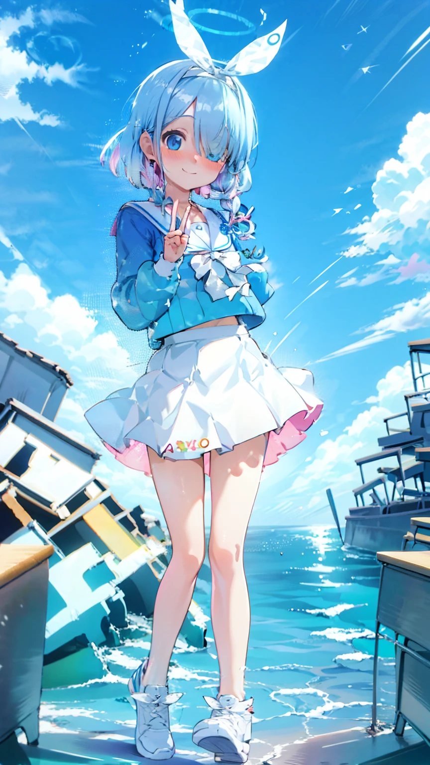 peace sign,arona,serafuku,White ribbon,White Skirt,Blushing cheeks,smile,Flat Chest,Blue eyes,Blue Hair,City,Outdoor,1 Girl,master piece , best quality,(high resolution)