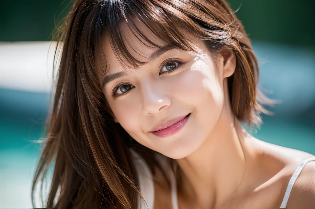 Masseter Film, highest quality, masterpiece, High resolution, realism, Original photo, 8k wallpaper, perfection, Professional Lighting, Very detailed, Written boundary depth, ((Sexy beautiful woman)), ((Sexy 40 year old women)),, ((smile)), Detailed face, Beautiful Eyes,, bangs, She has big breasts and a nice figure, (Sexy look), Long Hair, (Thick lips), A photo of your face,I smile at you