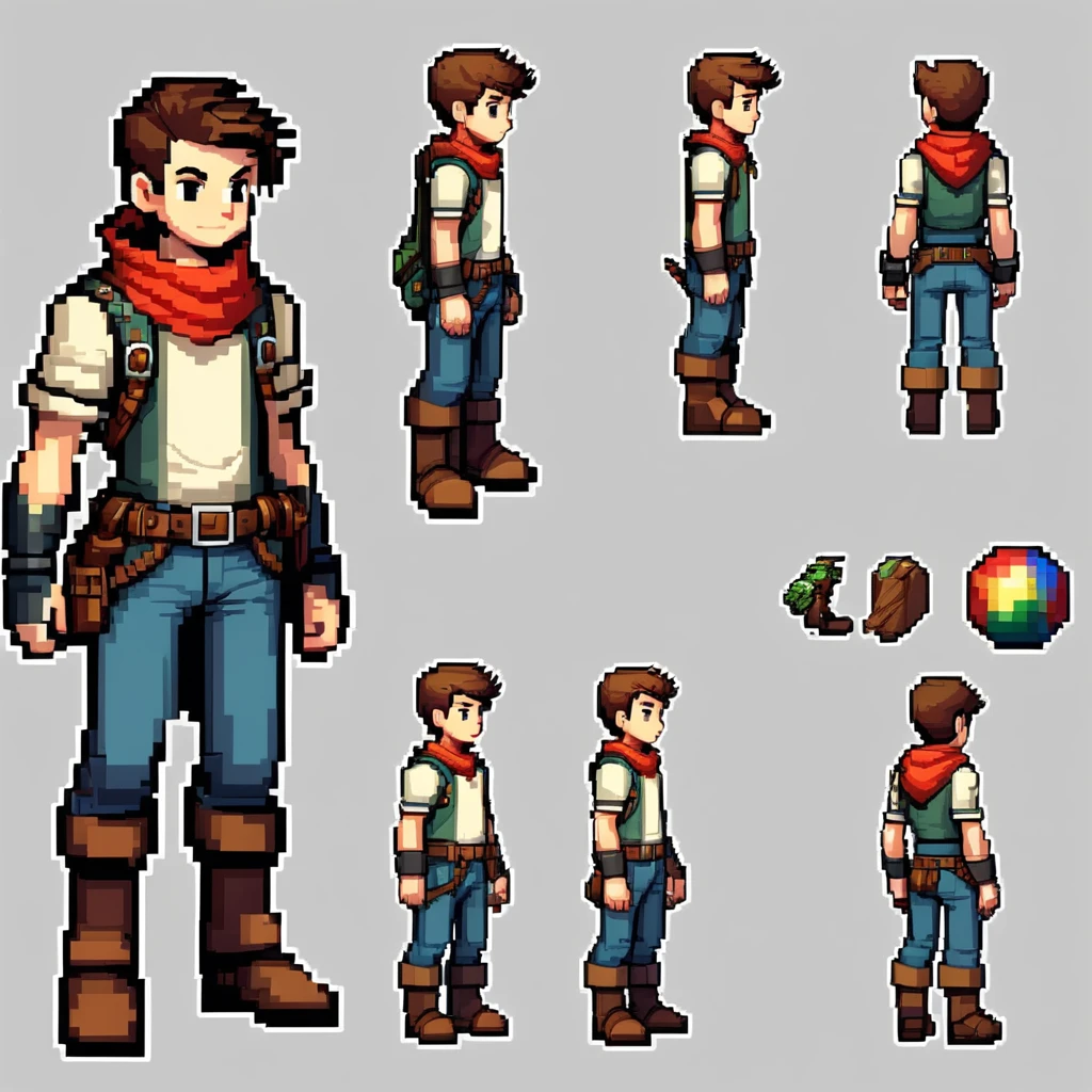 Pixel art,pixel art,Create an original character design sheet,main character of the game,boy,juvenile,adventurer&#39;s outfit,natural perm,musical instrument,bard,((3 views,whole body, background,multiple views,High resolution)),multiple views,multiple poses,Active,action pose,dynamic,nice,cute,masterpiece,highest quality,In detail,Gracefully,RPG,Famicom,Multiple characters,multiple outfits,Final Fantasy,boldly,ASSASIN , BLACK COAT , HUNTER, BLACK HOODIE, GOLDEN ARMOR