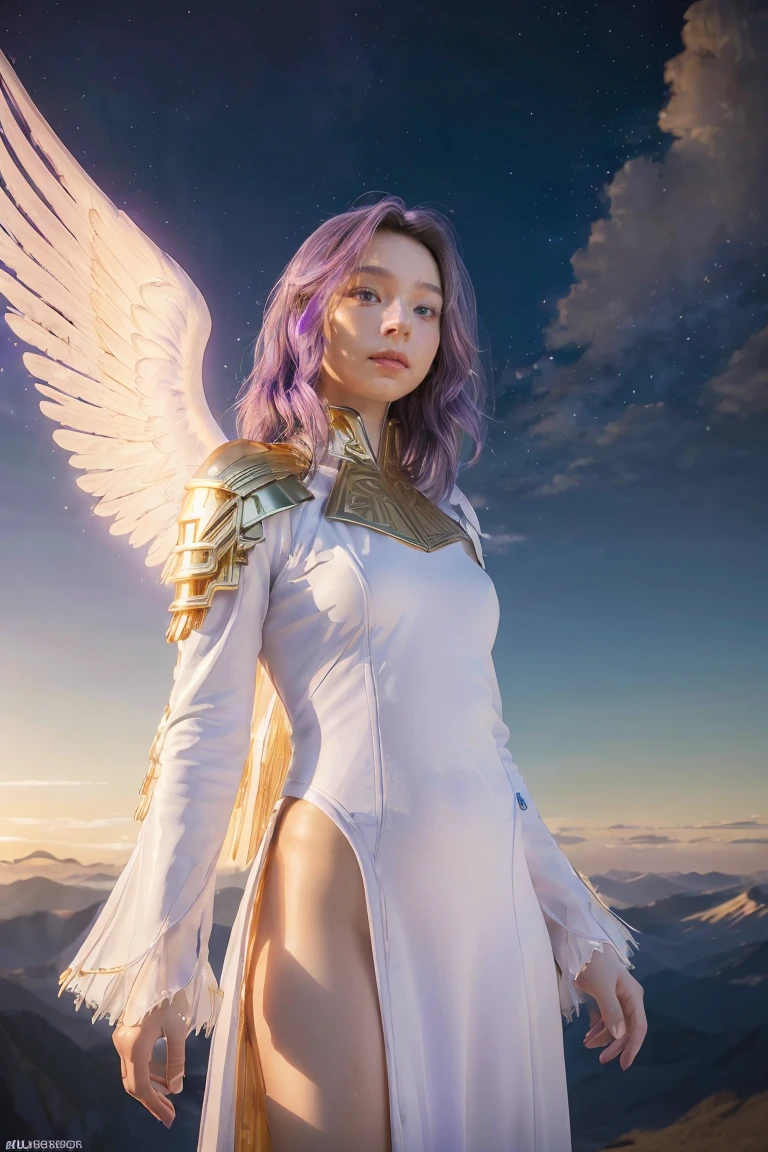 ((masterpiece, best quality, extremely detailed), volumetric lighting, ambient occlusion, colorful, glowing),
1girl, solo, young girl, (purple hair), long hair, halo, aura, sacred, goddess, cleric suit, (white outfit with gold detailst:1.3), angel wings,
outdoors, sunset, sky, clouds, space, (fantasy theme:1.2),
