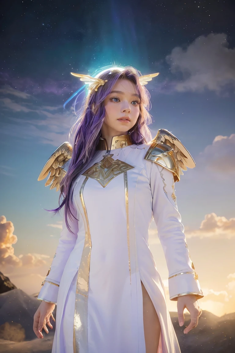((masterpiece, best quality, extremely detailed), volumetric lighting, ambient occlusion, colorful, glowing),
1girl, solo, young girl, (purple hair), long hair, halo, aura, sacred, goddess, cleric suit, (white outfit with gold detailst:1.3), angel wings,
outdoors, sunset, sky, clouds, space, (fantasy theme:1.2),