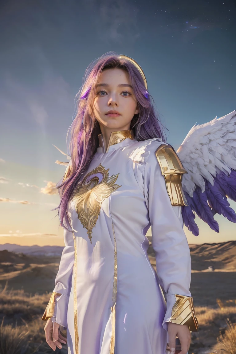 ((masterpiece, best quality, extremely detailed), volumetric lighting, ambient occlusion, colorful, glowing), 
1girl, solo, young girl, (purple hair), long hair, halo, aura, sacred, goddess, cleric suit, (white outfit with gold detailst:1.3), angel wings,
outdoors, sunset, sky, clouds, space, (fantasy theme:1.2),