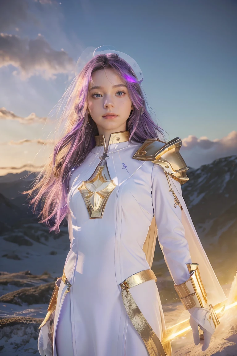 ((masterpiece, best quality, extremely detailed), volumetric lighting, ambient occlusion, colorful, glowing),
1girl, solo, young girl, (purple hair), long hair, halo, aura, sacred, goddess, cleric suit, (white outfit with gold detailst:1.3), angel wings,
outdoors, sunset, sky, clouds, space, (fantasy theme:1.2),