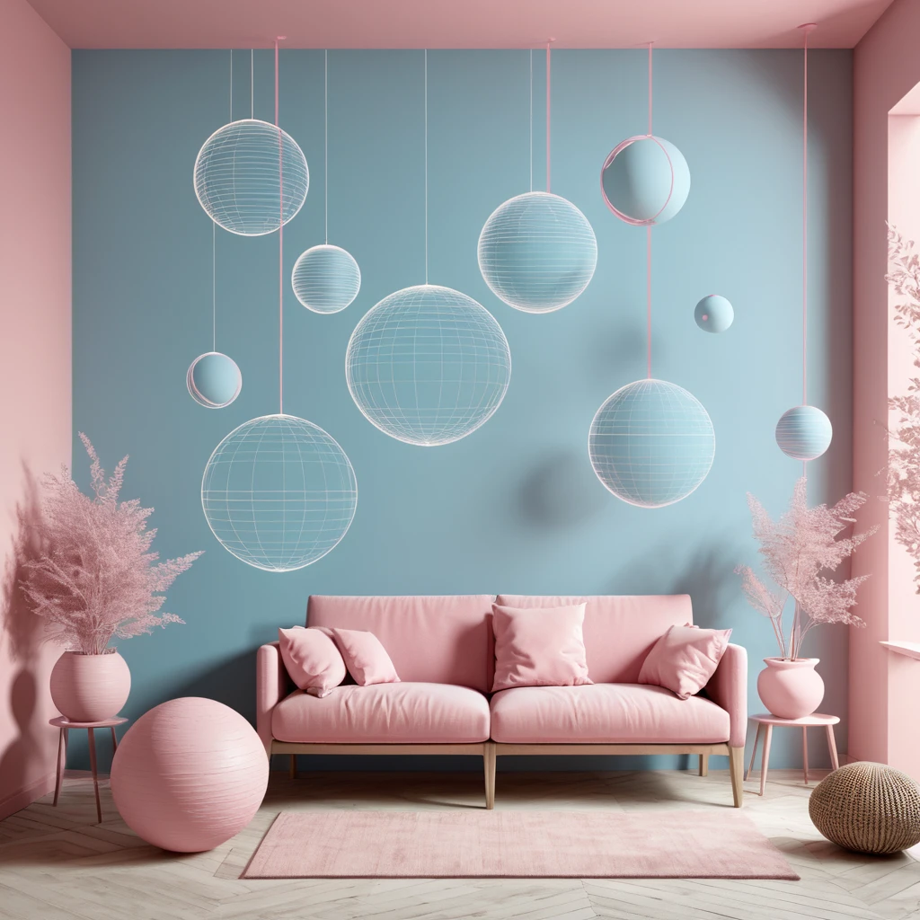 wallpaper、Multiple sphere silhouettes、Soft body line、Faint Lines、High contrast、Rendered in a matte light blue and pink duotone style、Expressing beauty to the fullest、Delicate、Inorganic、Softness、Lightness
