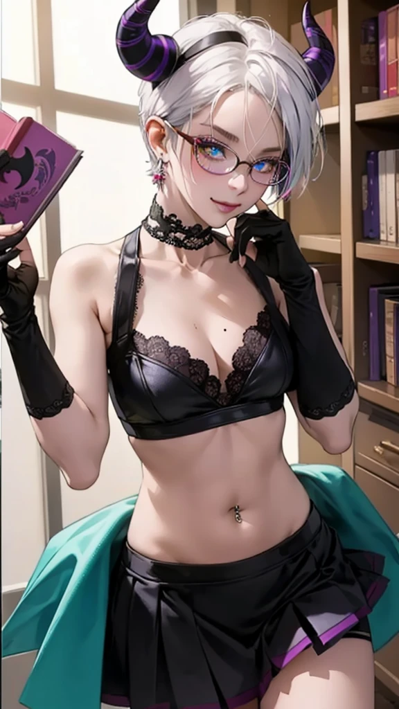 8k, masterpiece, best quality, highly detailed, 1 girl, tiefling, warlock, multicolored hair, very short straight hair green highlight hair on white hair, strippled hair, wearing glasses, round glasses, earrings, red eyeshadow, long eyelashes,navel piercing, blushed cheek, necklace, collarbone, high heels, mole, glamorous, purple and teal clothing, villainy, smirk, seductive face, close up view, rings, looking at viewer, standing, demon horns, solo, hand touching cheek, library, black lace gloves, holding book, miniskirt.