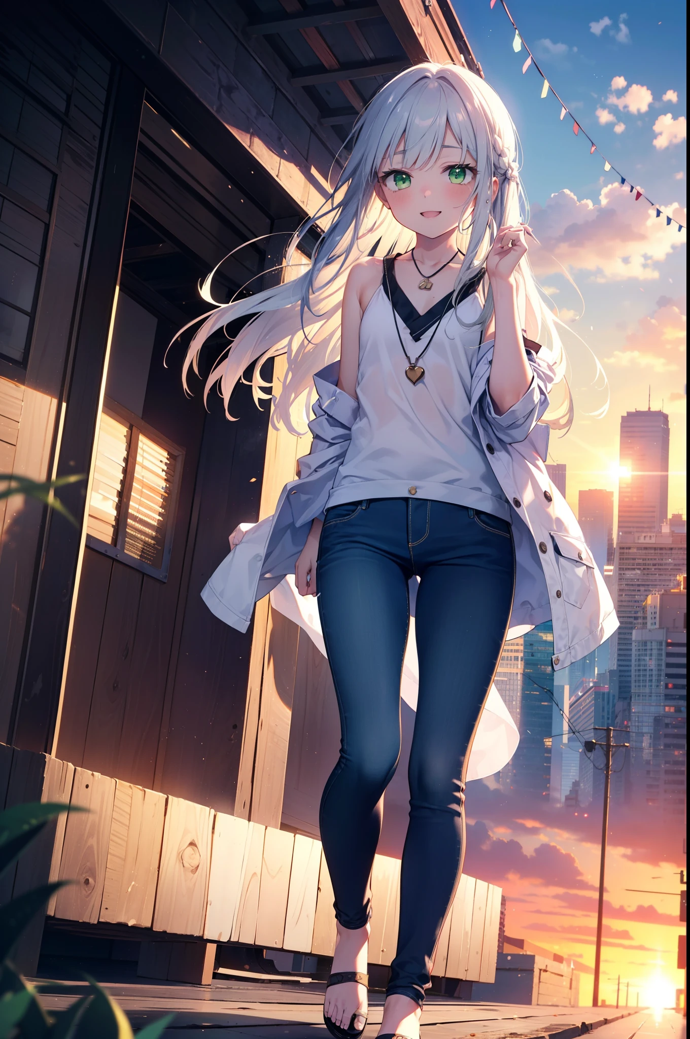 index, index, (Green Eyes:1.5), Silver Hair, Long Hair, (Flat Chest:1.2)happy smile, smile, Open your mouth,v neck tank top shirt,Skinny jeans,Cute Sandals,Rocket Pendant,Walking,Sunset,evening,The sun is setting,whole bodyがイラストに入るように,
break looking at viewer, whole body,
break outdoors, Building district,
break (masterpiece:1.2), Highest quality, High resolution, unity 8k wallpaper, (figure:0.8), (Beautiful attention to detail:1.6), Highly detailed face, Perfect lighting, Highly detailed CG, (Perfect hands, Perfect Anatomy),