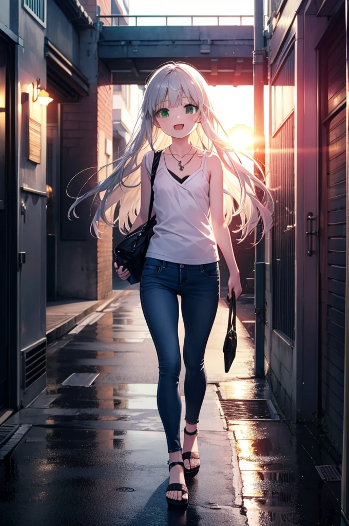 index, index, (Green Eyes:1.5), Silver Hair, Long Hair, (Flat Chest:1.2)happy smile, smile, Open your mouth,v neck tank top shirt,Skinny jeans,Cute Sandals,Rocket Pendant,Walking,Sunset,evening,The sun is setting,whole bodyがイラストに入るように,
break looking at viewer, whole body,
break outdoors, Building district,
break (masterpiece:1.2), Highest quality, High resolution, unity 8k wallpaper, (figure:0.8), (Beautiful attention to detail:1.6), Highly detailed face, Perfect lighting, Highly detailed CG, (Perfect hands, Perfect Anatomy),