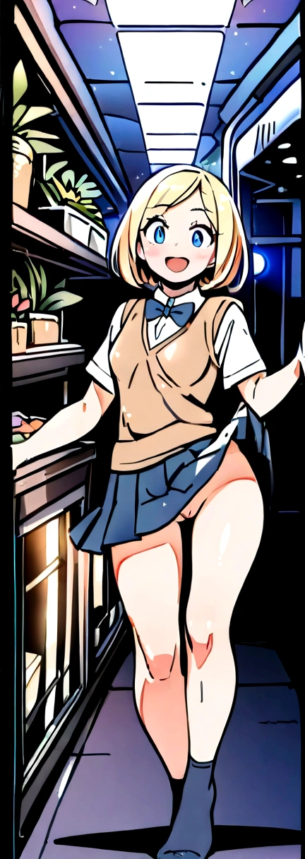 (masterpiece:1.2, best quality), (Practical, photoPractical:1.4), Fine quality illustrations, (Natural side light, Cinema Lighting), Written border depth,
Looking at the audience, Front view, 1 girl, English, High school girl, 20 years old, Perfect face, Symmetrical cute face, Glowing skin, Legs open,
(Bob Hairstyle:1.7,Blonde), Asymmetrical bangs, big eyes, Drooping eyes, Long eyelashes chest), Thin,
Beautiful hair, Pretty Face, Pretty and beautiful eyes, Beautiful clavicle, Beautiful Body, Beautiful breasts, Beautiful thighs, Beautiful legs, Beautiful fingers,
((High quality fabrics, Brown knitted vest, Short sleeve white collar shirt, Navy blue pleated skirt, Navy bow tie)),
(beautiful scenery), night, (Flower shop interior), Standing, (Smile, Predominant, open mouth), (((Skirt flip, No pants, Visible genitals))), full-body shot, Dark blue socks, Sexy face, Inverted Nipple,