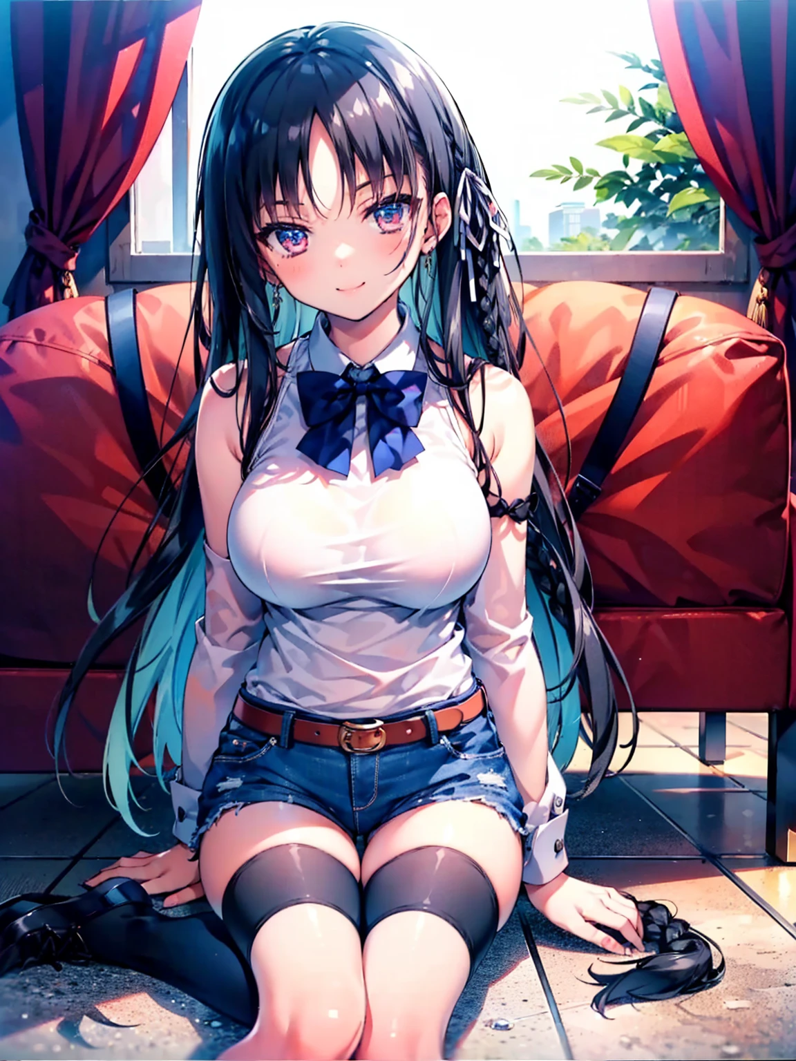 (8K, Highest quality, Highest quality, masterpiece), sit on the floor, aasuzune, long hair, black hair, (single braid:1.2), hair ribbon, black tank top, blue bowtie, long sleeves, black thighhighs, smile, denim hot shorts, mini shorts, big breasts