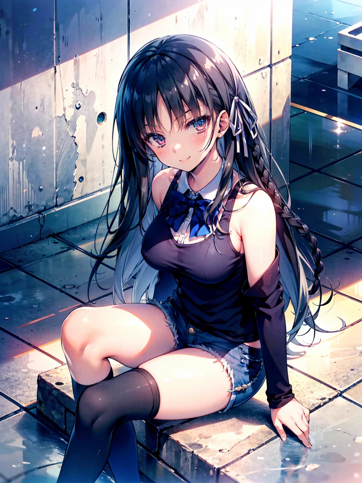 (8K, Highest quality, Highest quality, masterpiece), sit on the floor, aasuzune, long hair, black hair, (single braid:1.2), hair ribbon, black tank top, blue bowtie, long sleeves, black thighhighs, smile, denim hot shorts, mini shorts, big breasts