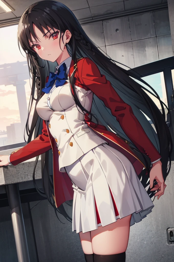 masterpiece, best quality, high resolution, best illustration, super fine illustration, (official art:0.8), anime screencap, detailed beautiful face and eyes, anime keyvisual, (perfect anatomy:1.1), 8k portrait, 
1girl,
Suzune Horikita, 
long hair, braid, 
black hair, 
(red eyes:1.2), slant eyes, small eyes, 
blue bow, 
medium breasts, 
(school uniform, red jacket, white skirt, pleated skirt, black thighhighs),
looking at viewer, 
cowboy shot, 
natural light, background of indoor, School building, skirt lift, show panties, nsfw, 