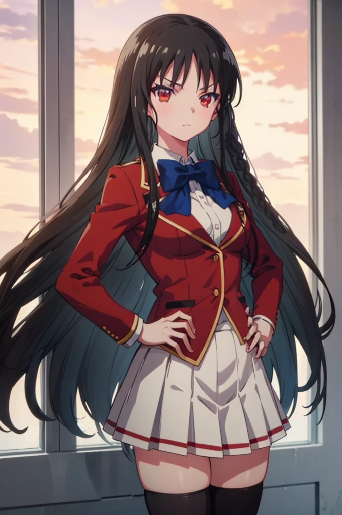 masterpiece, best quality, high resolution, best illustration, super fine illustration, (official art:0.8), anime screencap, detailed beautiful face and eyes, anime keyvisual, (perfect anatomy:1.1), 8k portrait, 
1girl,
Suzune Horikita, 
long hair, braid, 
black hair, 
(red eyes:1.2), slant eyes, small eyes, 
blue bow, 
medium breasts, 
(school uniform, red jacket, white skirt, pleated skirt, black thighhighs),
looking at viewer, 
cowboy shot, 
natural light, background of indoor, School building, skirt lift, show panties, nsfw, 